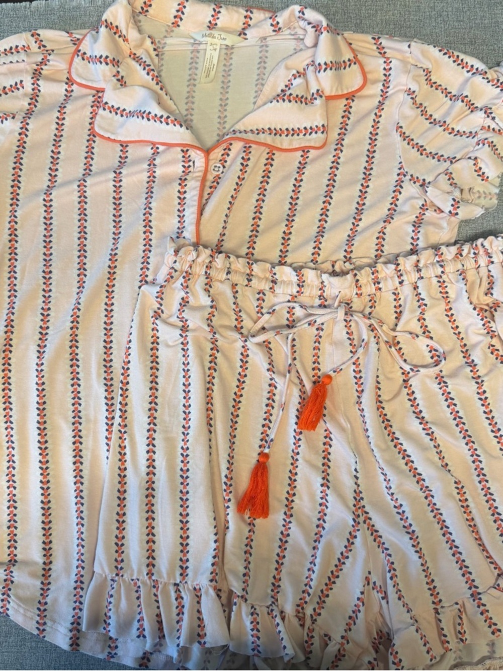 Matilda Jane Pink Cream Striped Floral Print Pajama Set with Orange Tassels